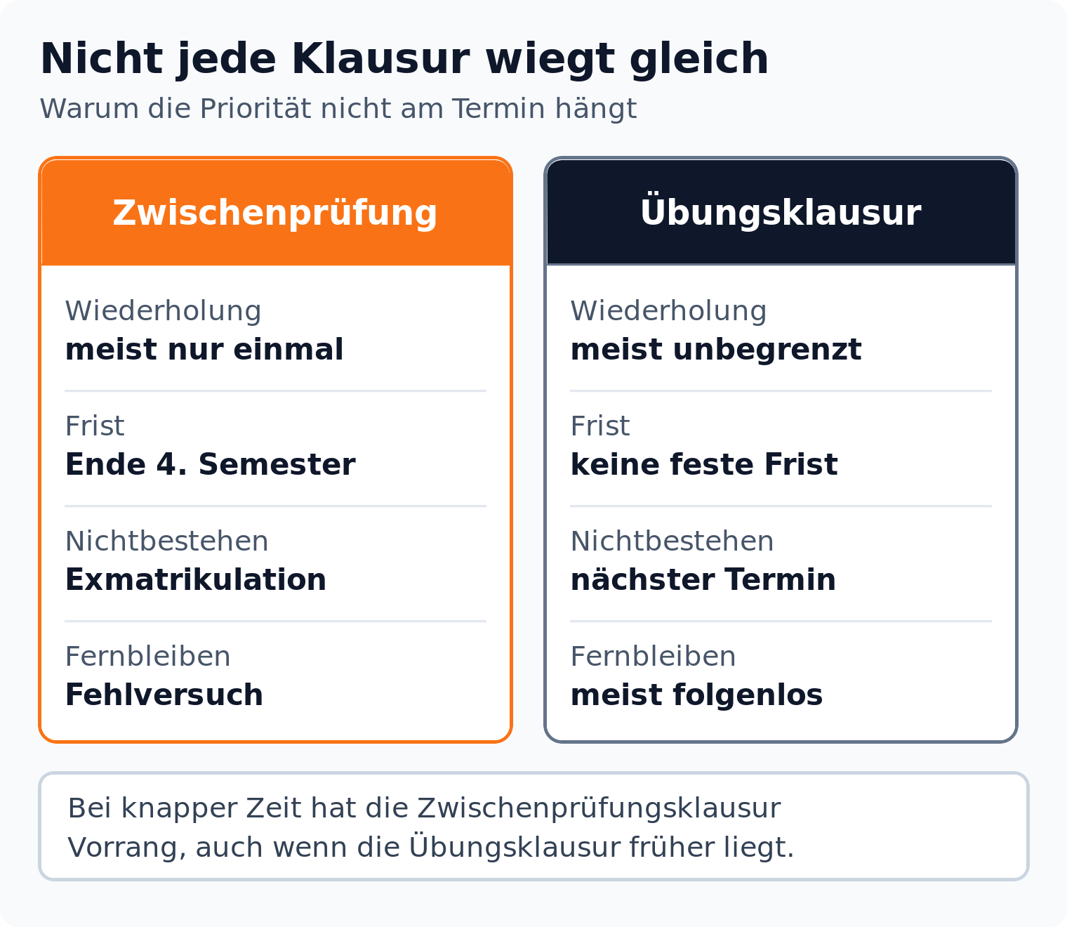 Spalten-Vergleich: Zwischenprüfungsklausuren sind meist nur einmal wiederholbar und fristgebunden, Übungsklausuren dagegen meist unbegrenzt