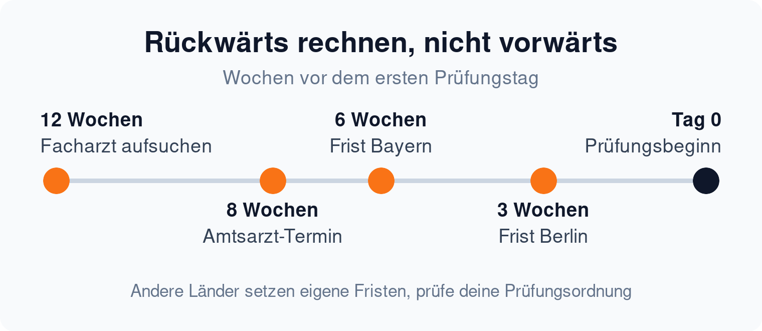 Zeitstrahl: Antragsfristen für den Nachteilsausgleich, Bayern sechs Wochen und Berlin drei Wochen vor Prüfungsbeginn
