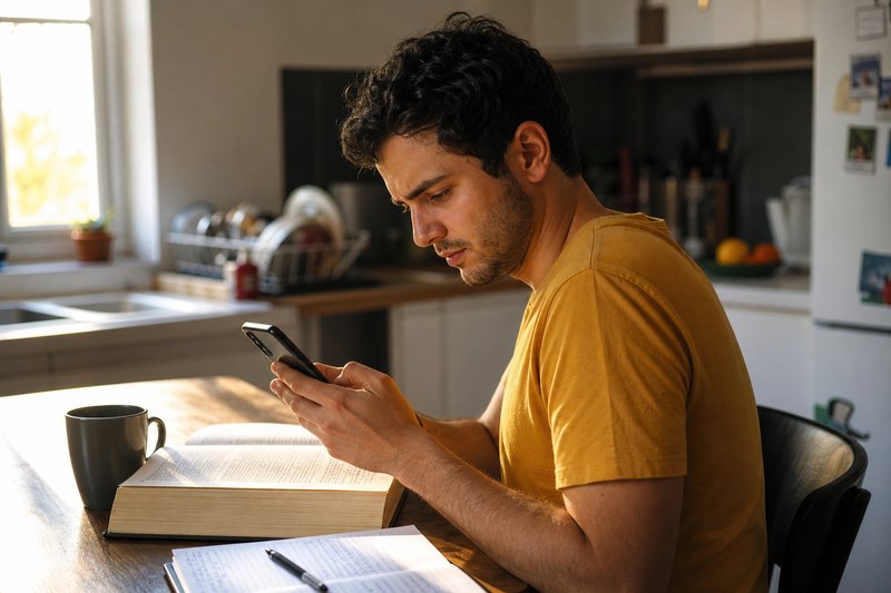 Junger Mann am Küchentisch liest skeptisch eine Nachricht auf dem Smartphone, daneben ein aufgeschlagenes Gesetzbuch und Notizen
