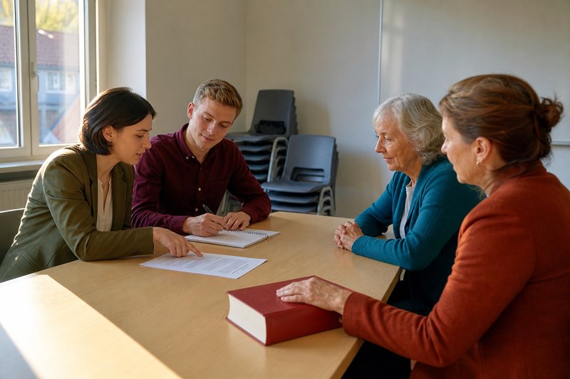 Zwei Studierende besprechen mit einer älteren Frau ein Schreiben an einem Seminartisch, eine Juristin sitzt daneben