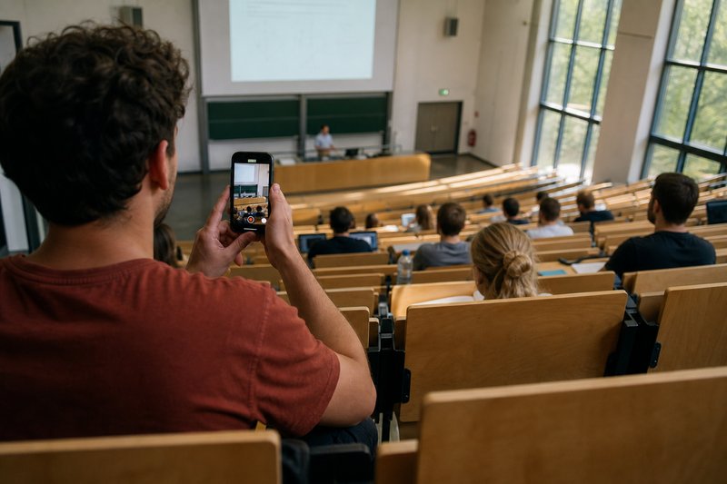 Studierender filmt im Hörsaal mit dem Smartphone die laufende Vorlesung