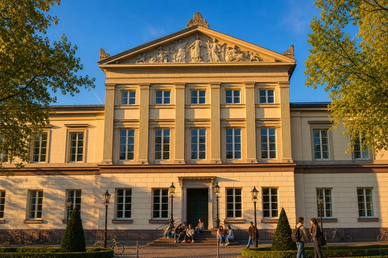 Die Aula der Universität Göttingen am Wilhelmsplatz mit Studierenden auf den Stufen