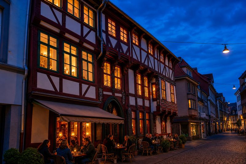 Fachwerkhäuser in einer Göttinger Altstadtgasse am Abend, davor besetzte Tische