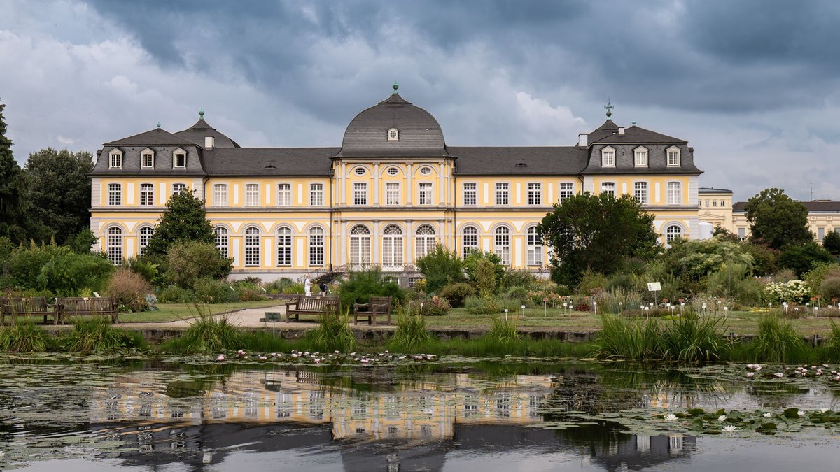 Das Poppelsdorfer Schloss in Bonn spiegelt sich im Teich des Botanischen Gartens