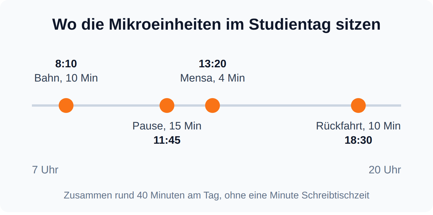 Zeitstrahl über einen Studientag: vier Mikroeinheiten in Bahn, Vorlesungspause, Mensaschlange und Rückfahrt ergeben zusammen rund 40 Minuten