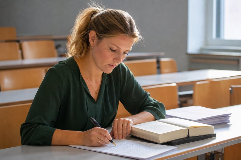 Studentin schreibt in einem Hörsaal handschriftlich eine Klausur neben einem aufgeschlagenen Gesetzbuch