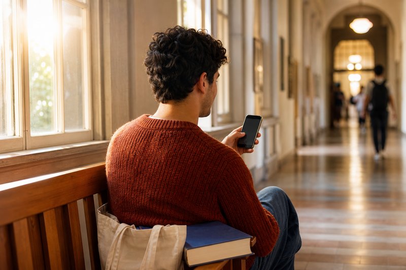 Student sitzt mit dem Smartphone auf einer Bank im Flur eines Universitätsgebäudes, daneben ein Lehrbuch