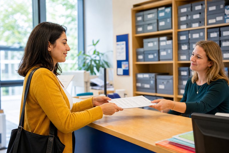 Studentin gibt am Tresen eines Prüfungsamts ein ausgefülltes Formular ab
