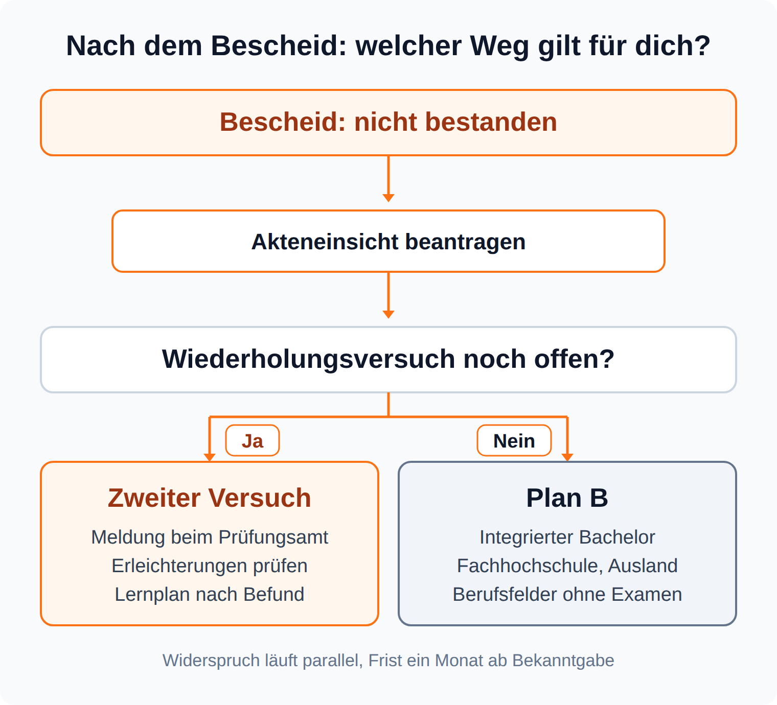 Entscheidungsbaum: nach dem Prüfungsbescheid führen Akteneinsicht und die Frage nach dem offenen Wiederholungsversuch zum zweiten Versuch oder zu Plan B