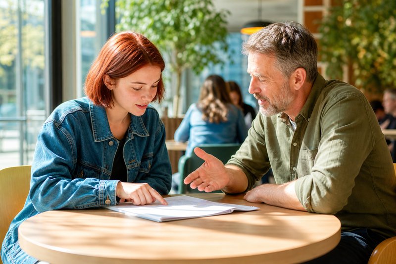 Studentin und Berater besprechen an einem Cafétisch eine korrigierte Klausur