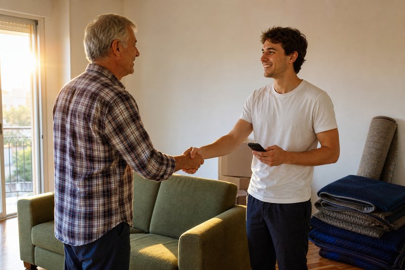 Verkäufer und Käufer geben sich neben einem Sofa die Hand