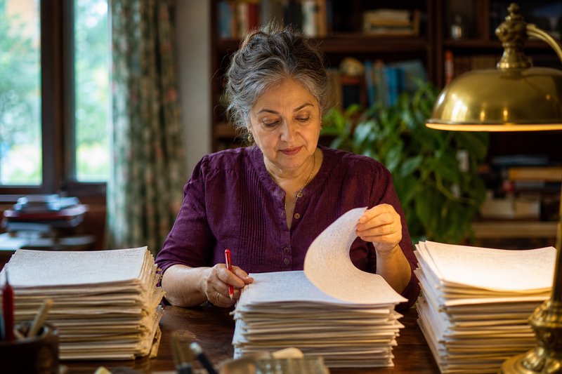 Korrektorin arbeitet sich mit rotem Stift durch einen Stapel handschriftlicher Klausuren