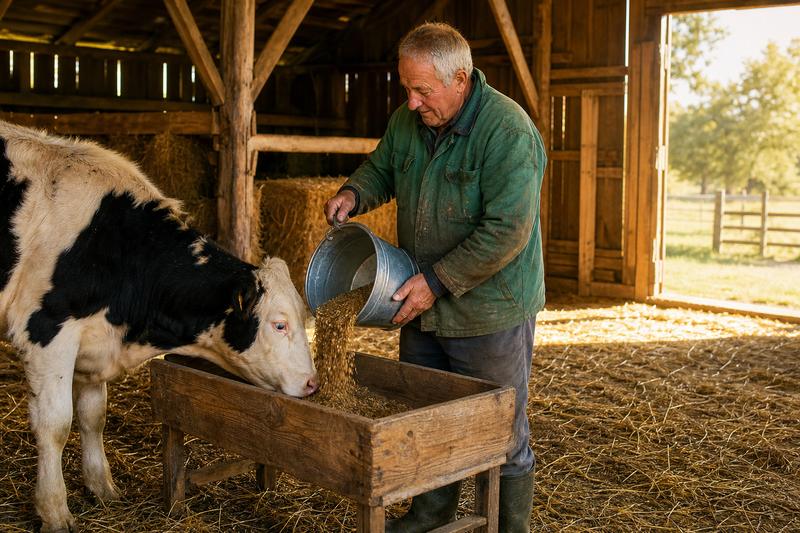 Landwirt füttert in einer Scheune einen jungen Bullen