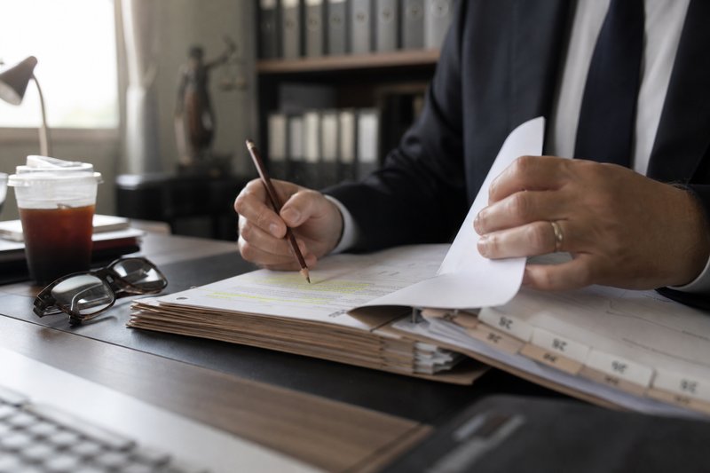 Anwalt blättert am Schreibtisch durch eine dicke Ermittlungsakte und markiert eine Stelle mit dem Bleistift