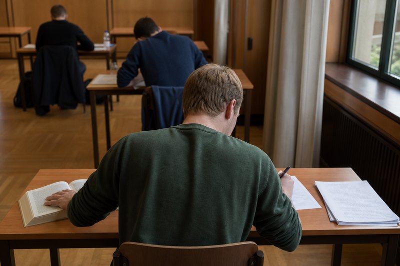 Studierende schreiben an Einzeltischen eine Klausur handschriftlich, vorne ein aufgeschlagenes Gesetzbuch