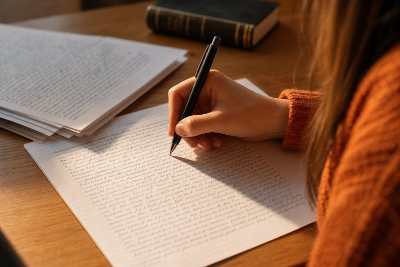 Hand schreibt zügig handschriftlichen Fließtext auf ein dicht beschriebenes Klausurblatt, daneben fertige Seiten