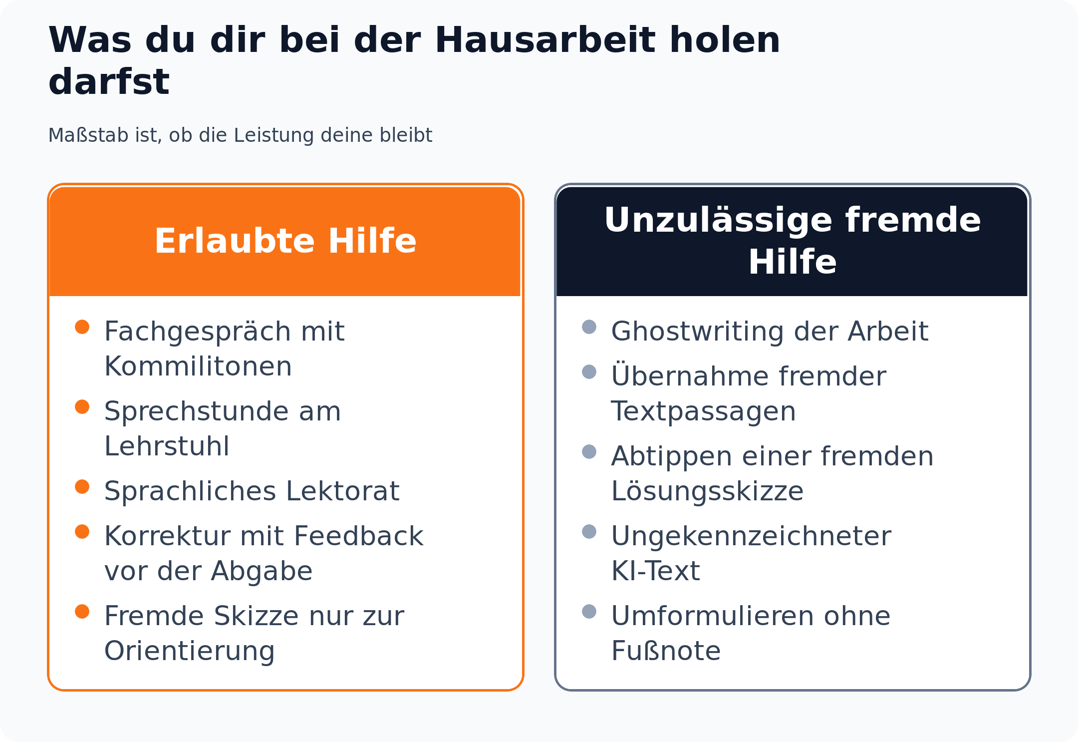 Spaltenvergleich erlaubter Hilfe wie Sprechstunde und Korrektur gegen unzulässige Hilfe wie Ghostwriting und ungekennzeichneter KI-Text