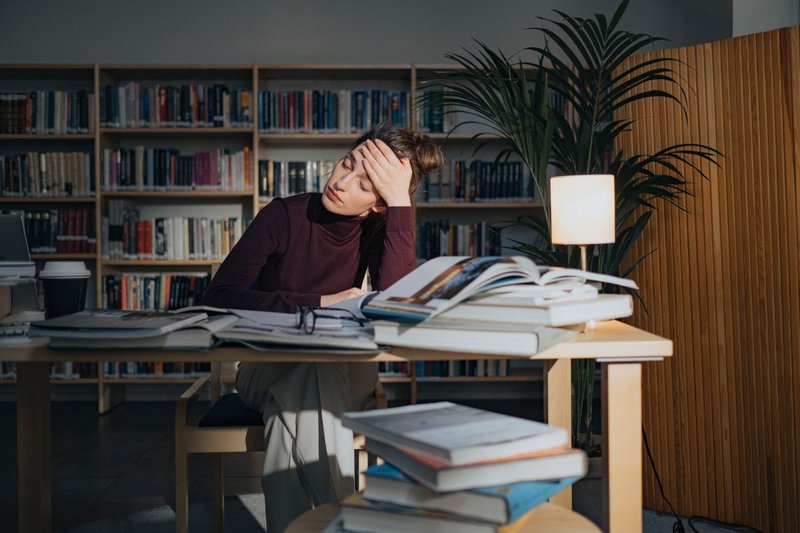 Junge Frau stützt erschöpft den Kopf in die Hand, vor ihr stapeln sich aufgeschlagene Bücher in einer Bibliothek