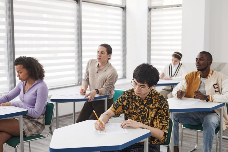 Studierende sitzen an Einzeltischen in einem Seminarraum und schreiben konzentriert an ihrer Klausur