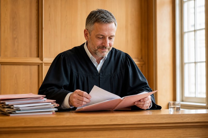 Richter in schwarzer Robe sitzt am Richtertisch und liest in einer Akte