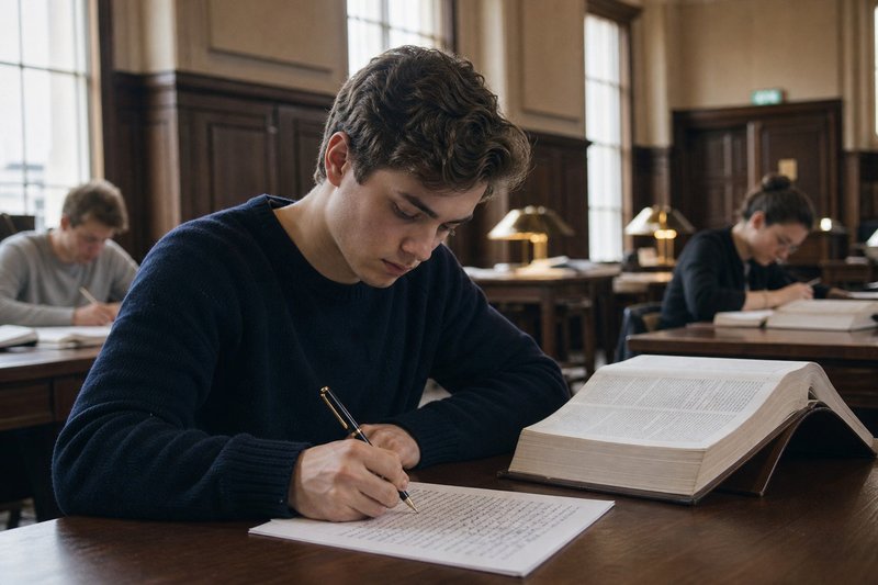 Student schreibt in einem Prüfungssaal handschriftlich ein Gutachten, daneben ein aufgeschlagenes Gesetzbuch