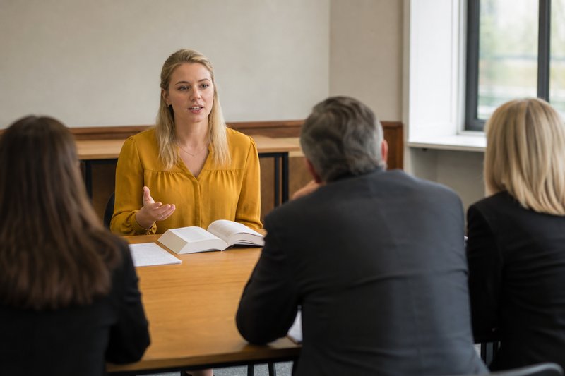 Kandidatin antwortet mit einer erklärenden Handbewegung, drei Prüfer sitzen ihr am Tisch gegenüber