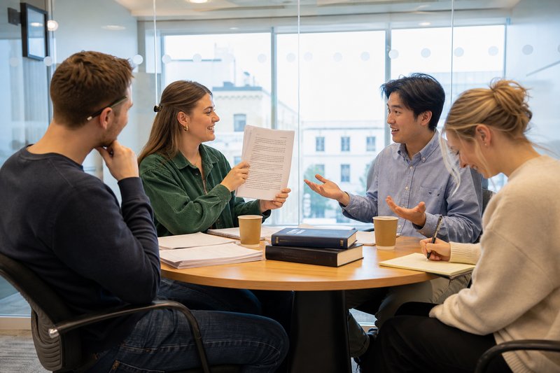 Vier Studierende sitzen an einem runden Tisch, eine liest aus einem Ausdruck vor, ein anderer antwortet mit offenen Händen