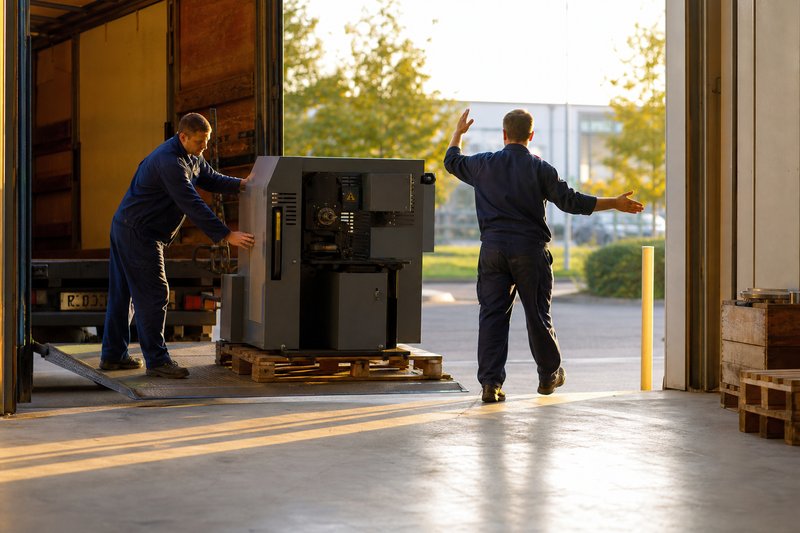 Zwei Techniker in blauen Overalls schieben eine Industriemaschine auf einer Palette von der Ladebordwand eines Lkw in eine Werkhalle