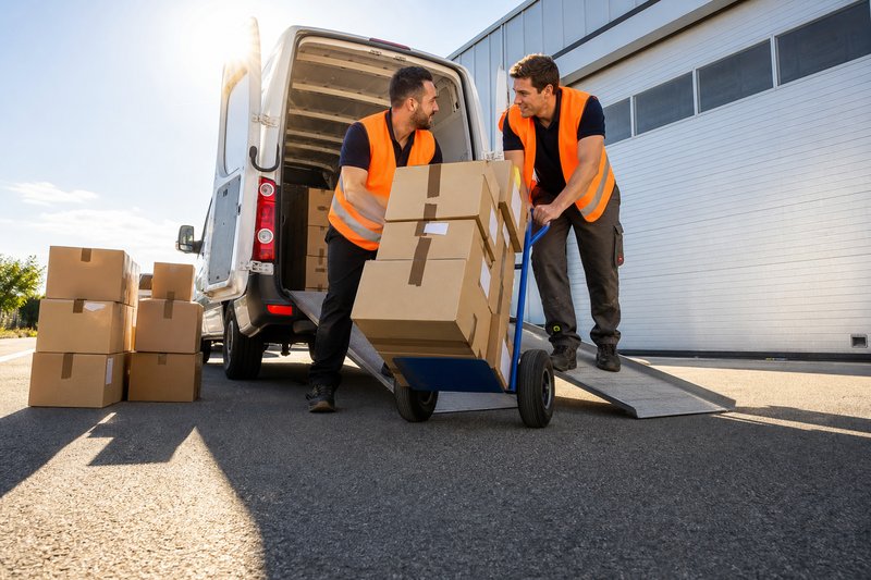 Zwei Arbeiter in orangefarbenen Warnwesten rollen einen Stapel Kartons auf einer Sackkarre die Rampe eines weißen Lieferwagens herunter