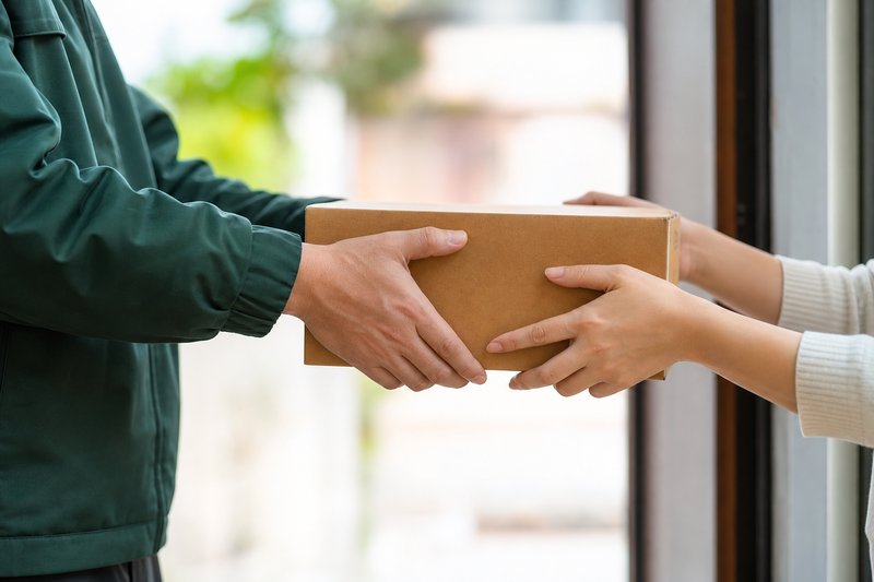 Ein Bote in dunkelgrüner Jacke reicht einen Paketkarton über die Türschwelle, zwei Hände greifen ihn von der anderen Seite