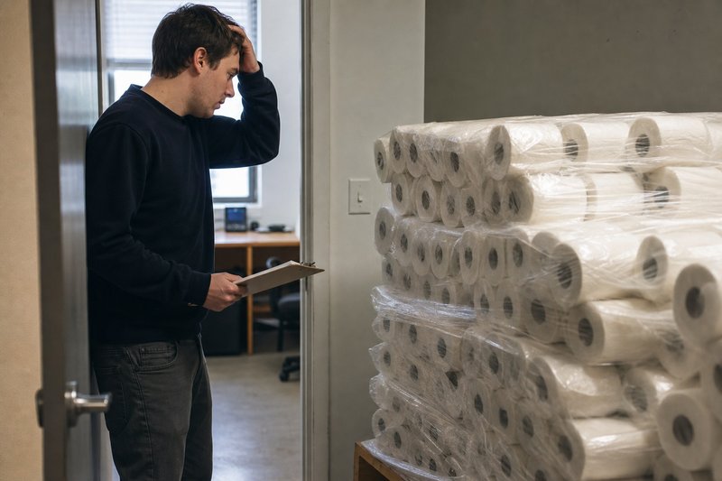 Mann blickt entgeistert auf einen riesigen Stapel versehentlich bestellter Papierrollen im Büroflur