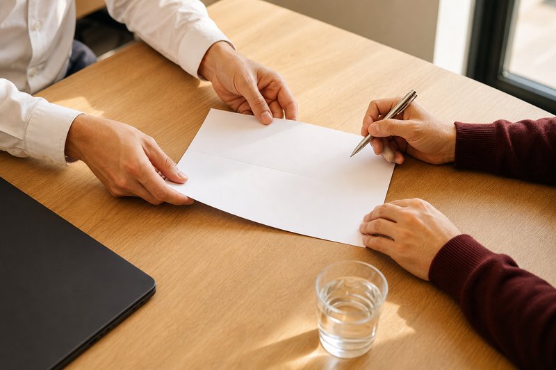 Zwei Händepaare an einem hellen Holztisch, eines schiebt ein Blatt Papier hinüber, das andere hält einen Kugelschreiber darüber