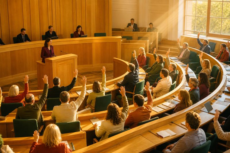 Abgeordnete in einem halbrunden Plenarsaal heben bei einer Abstimmung die Hand, vorne spricht eine Rednerin am Pult