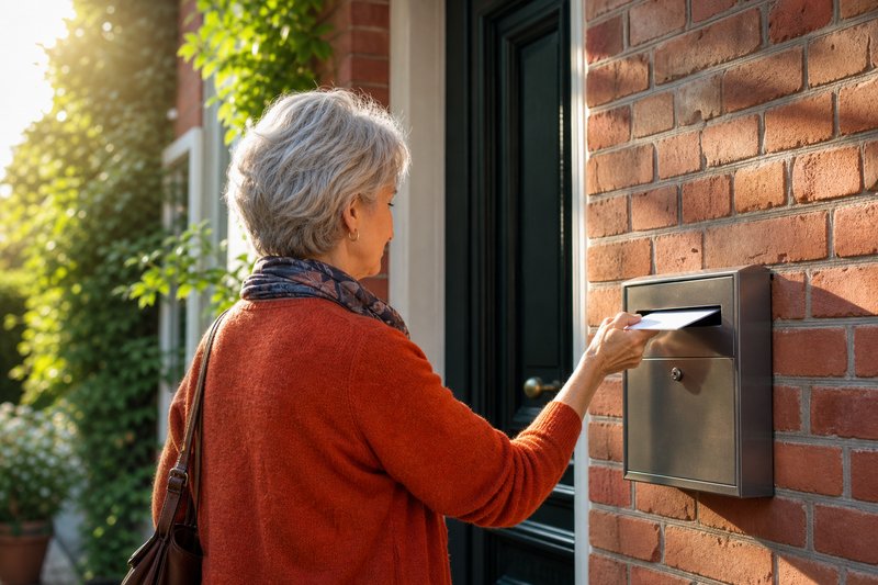Ältere Frau in rostrotem Cardigan schiebt einen weißen Brief in einen metallenen Hausbriefkasten neben einer Haustür