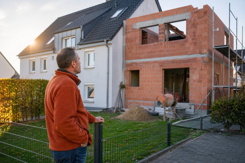 Ein Mann steht am Gartenzaun und blickt auf den unfertigen Backsteinanbau auf dem Nachbargrundstück, daneben Gerüst und Zementmischer
