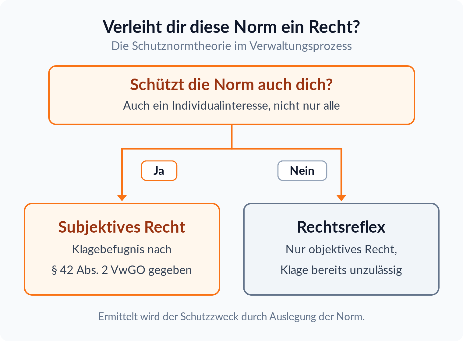 Entscheidungsbaum zur Schutznormtheorie: Schützt die Norm auch Individualinteressen, besteht die Klagebefugnis nach § 42 Abs. 2 VwGO, sonst bleibt es beim Rechtsreflex