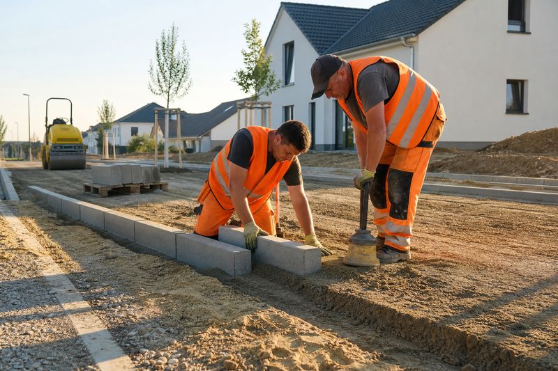 Zwei Straßenbauarbeiter in orangen Warnwesten setzen Bordsteine an einer noch unbefestigten Straße vor neu gebauten Häusern