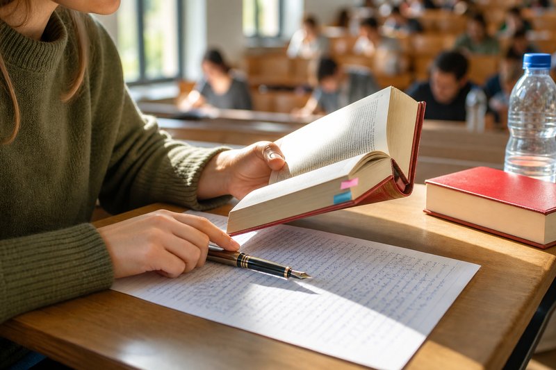 Studentin schlägt während einer Klausur im Hörsaal einen roten Gesetzestext auf, daneben ein handbeschriebenes Blatt und ein Füller