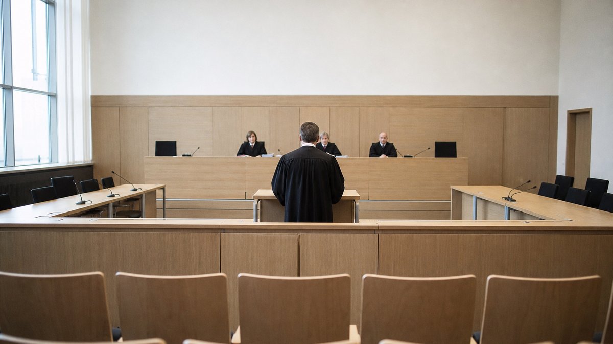 Blick aus dem Zuschauerraum eines Gerichtssaals auf die Richterbank, davor ein Verteidiger am Pult