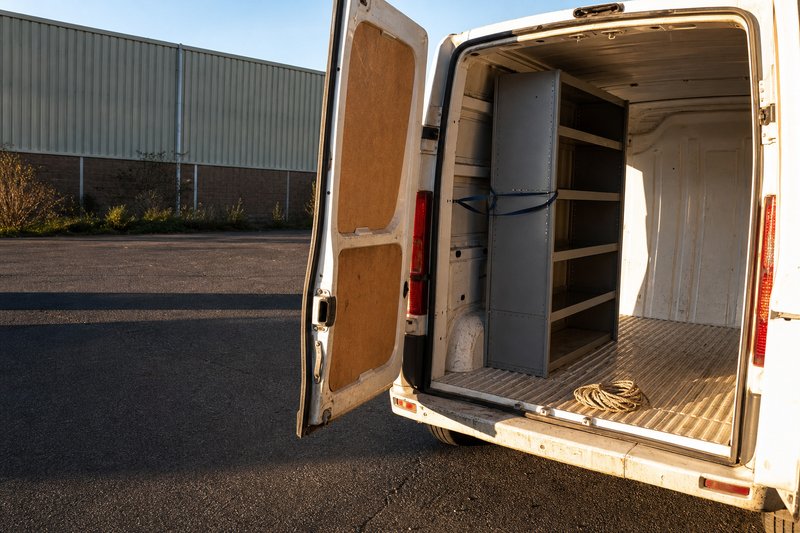 Offene Hecktüren eines weißen Transporters, im Laderaum ein Metallregal und ein aufgerolltes Seil