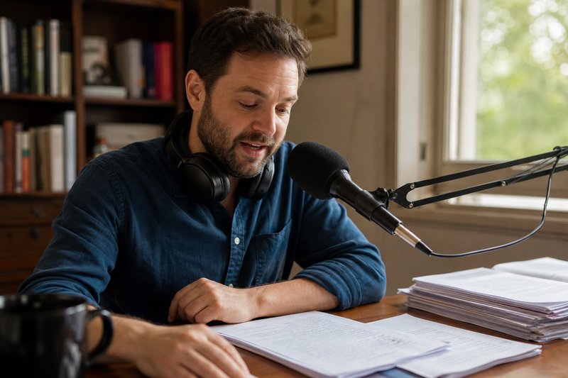 Korrektor mit Kopfhörern um den Hals spricht in ein Mikrofon und liest dabei eine handschriftlich kommentierte Hausarbeit