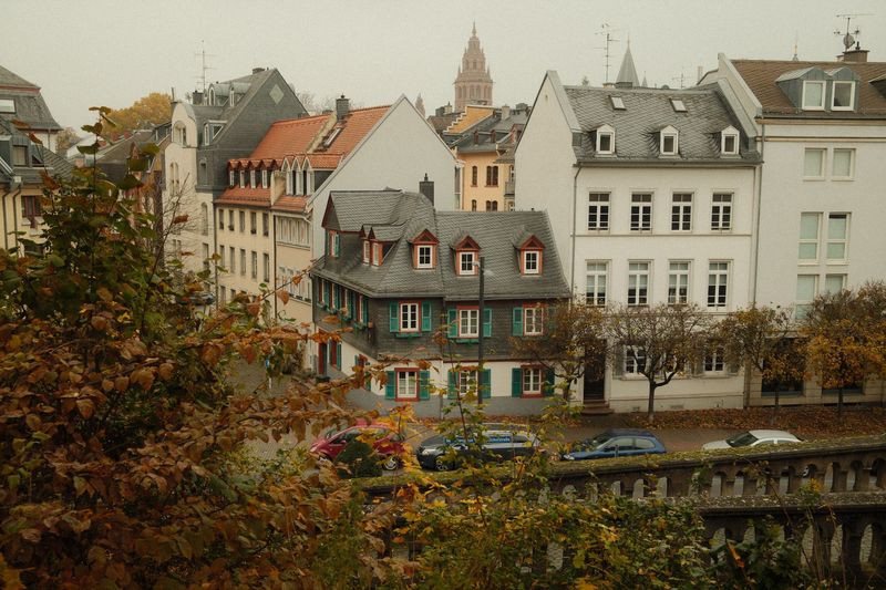 Blick über die Dächer der Mainzer Altstadt im Herbst, im Hintergrund ein Kirchturm
