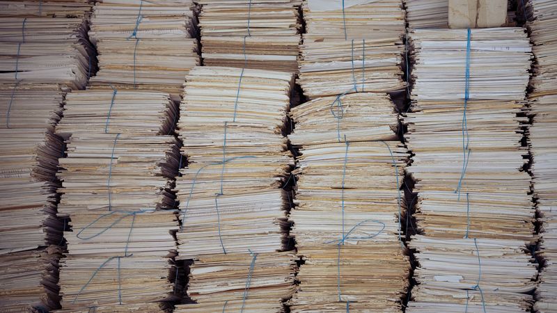 Dicht gestapelte Bündel vergilbter Papierakten, mit Schnüren zusammengebunden