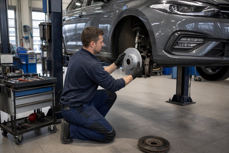 Mechaniker setzt eine neue Bremsscheibe an ein aufgebocktes Auto, die alte Scheibe liegt am Boden