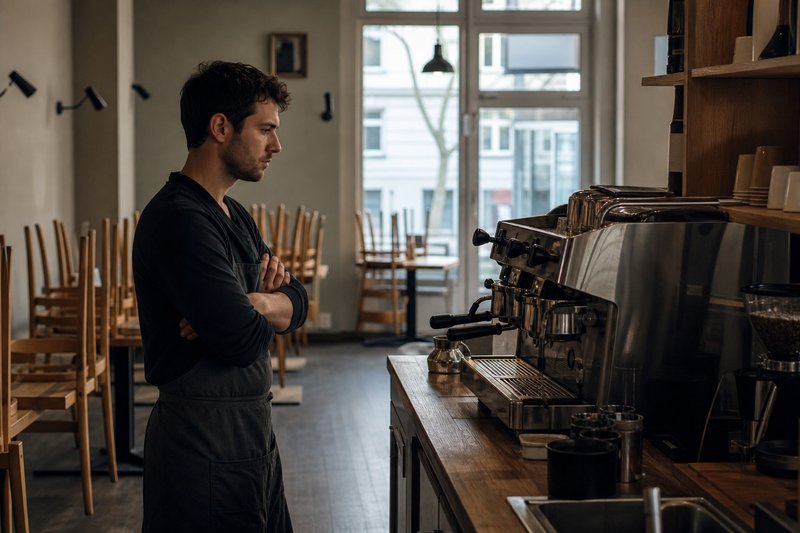 Barista mit verschränkten Armen vor einer abgeschalteten Espressomaschine in einem leeren Café