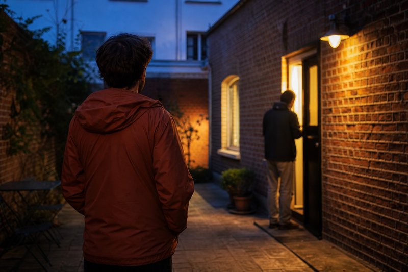 Ein Mann steht in einem Hinterhof und sieht zu, wie eine andere Person an einer erleuchteten Tür hantiert