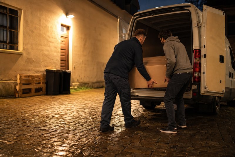 Zwei Männer heben nachts einen großen Karton in einen Transporter