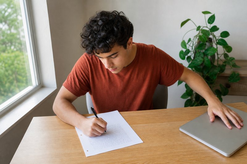 Student schiebt den zugeklappten Laptop beiseite und schreibt auf ein Blatt Papier