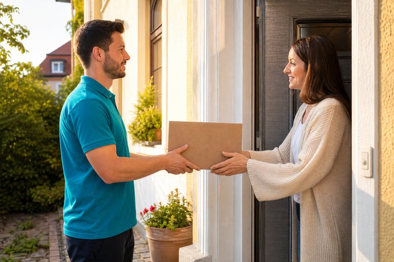 Ein Zusteller reicht einer Frau an der Haustür ein Paket, sie greift bereits mit beiden Händen danach