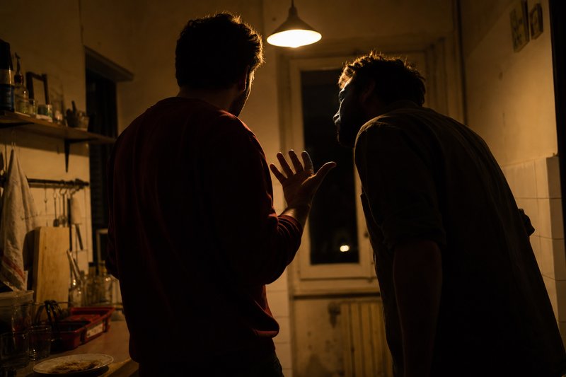 Zwei Männer stehen sich in einer dunklen Küche im Streit gegenüber, einer hebt abwehrend die Hand